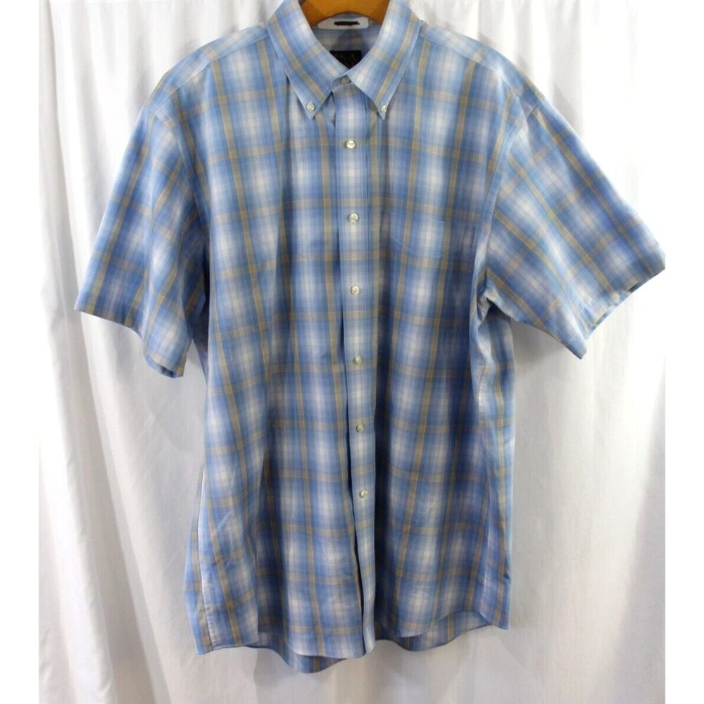 Jos A Bank Mens Blue Orange Plaid Short Sleeve Cotton Button Down L